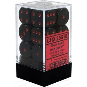 Opaque 12 * D6 Black / Red 16mm Chessex Dice (CHX25618)