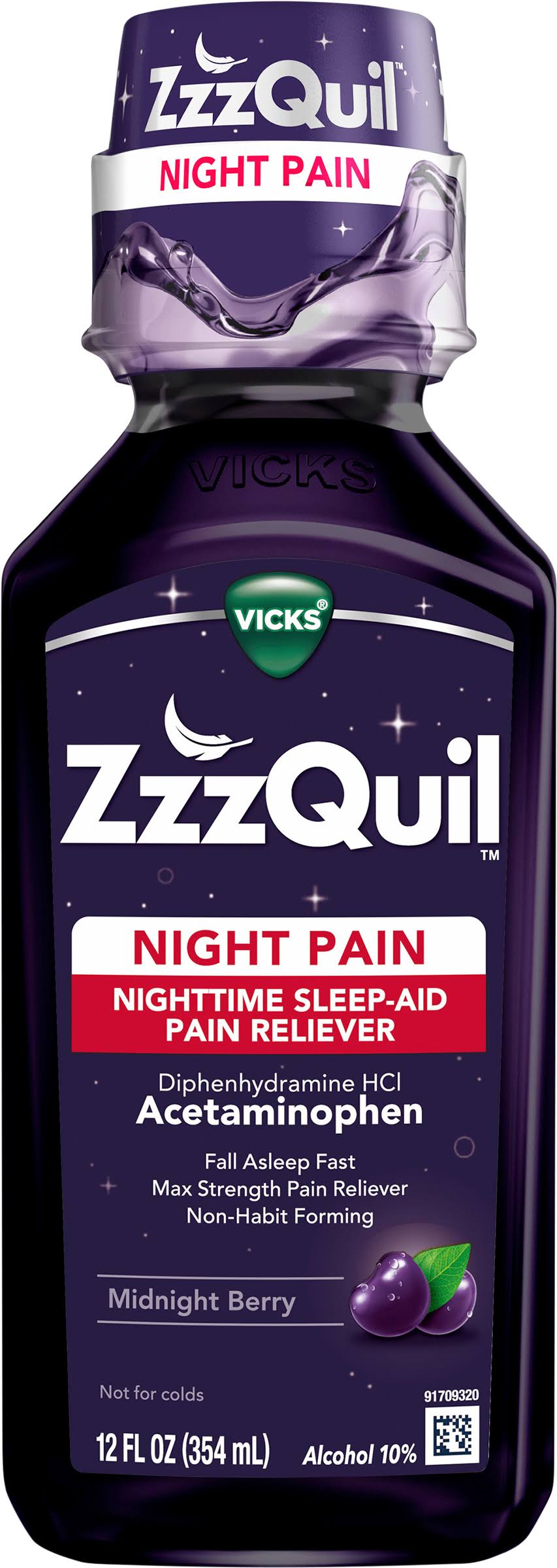Vicks ZzzQuil Nighttime Sleep-Aid Pain Reliever, Night Pain, Midnight Berry - 12 fl oz