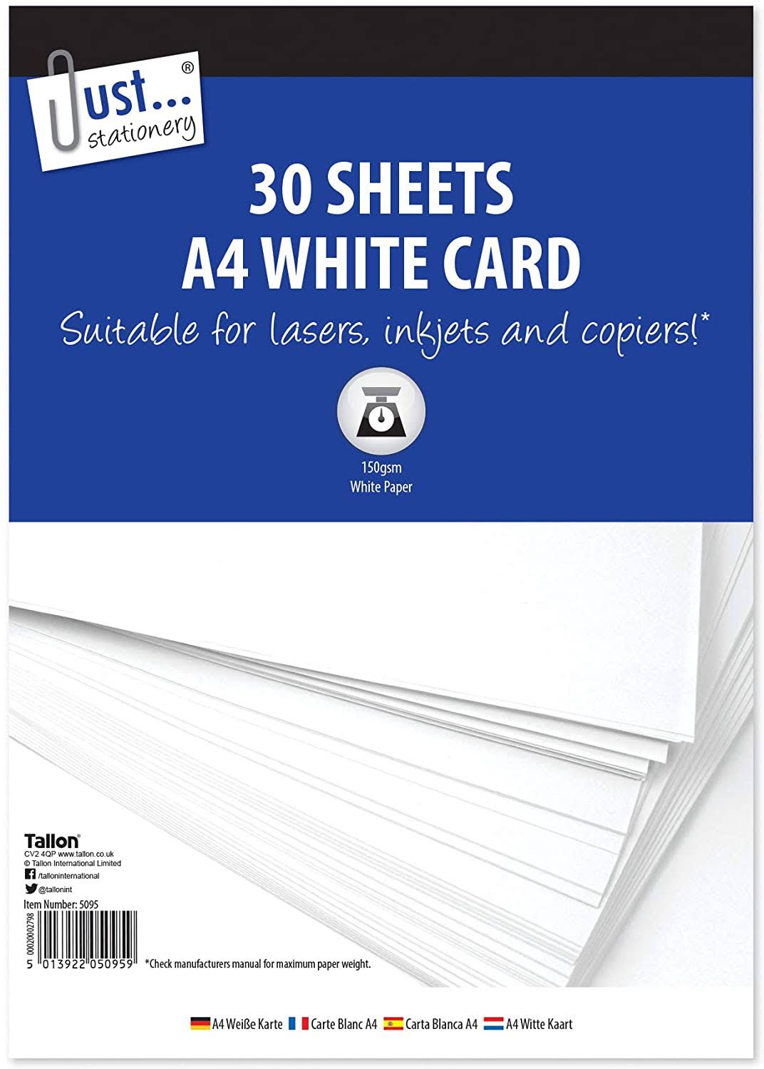 Just Stationery A4 White Card - White, 210mm x 297mm, 30 Sheets