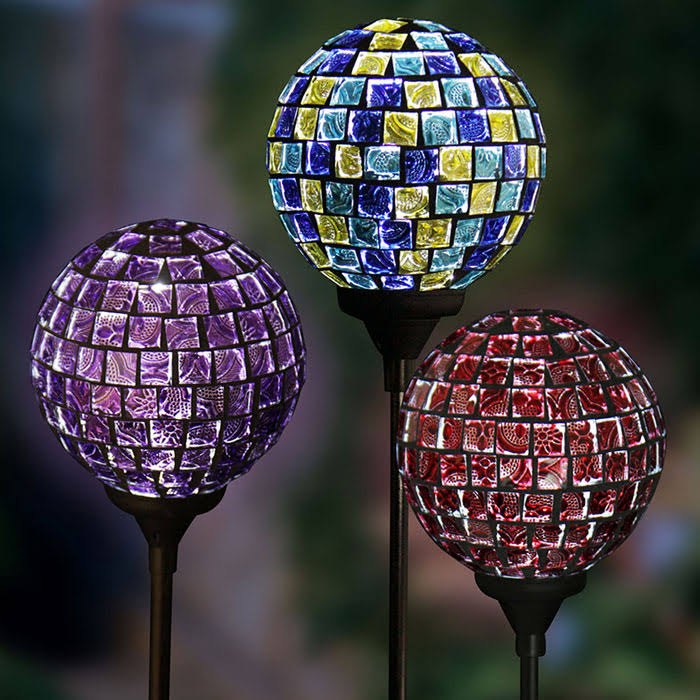 GardenFun Solar Glass Mosaic Ball Stakes (Set of 3)