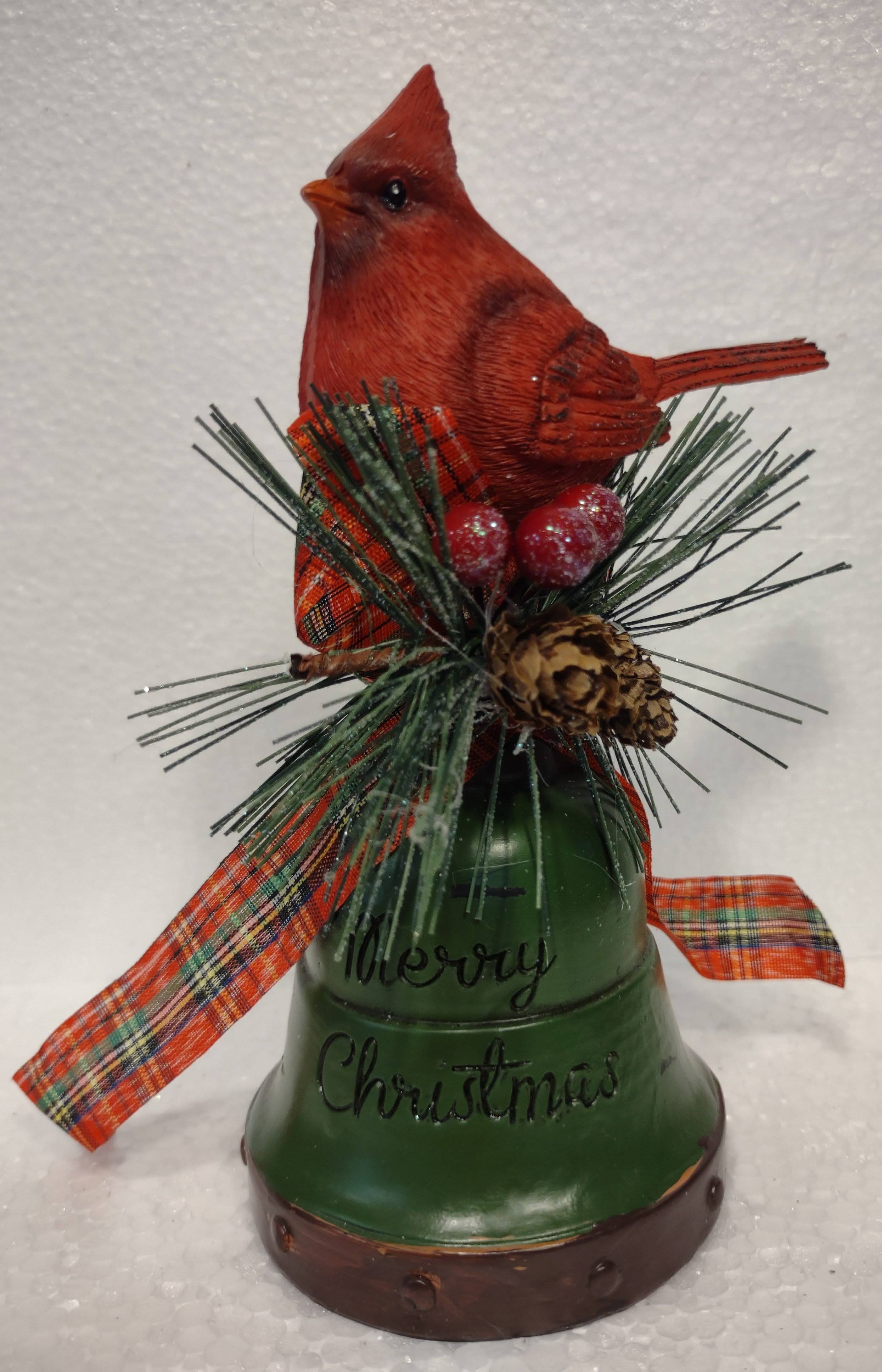 Green/Bronze Bell with Red Cardinal/Greenery/Red Berries/Red Plaid Bow-Merry Christmas 7"X3"