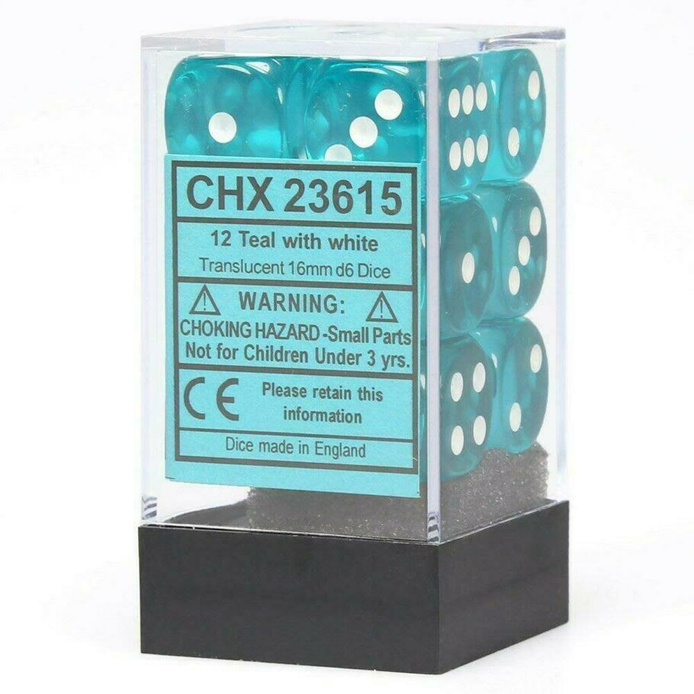 Chessex Translucent Dice Set - D6, 16mm, Teal with White, 12pcs