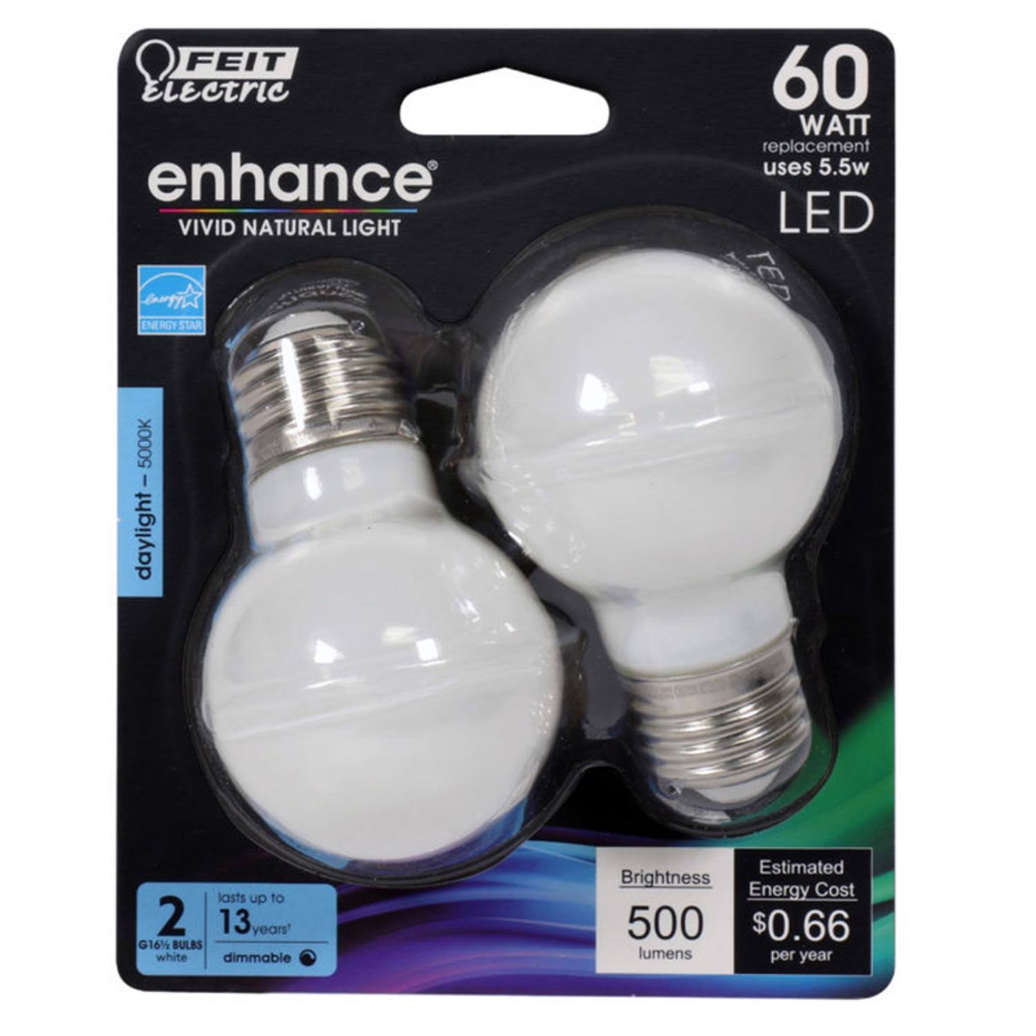 Feit Electric Enhance G16.5 E26 (Medium) Filament LED Bulb Daylight 60 W 2 Pk