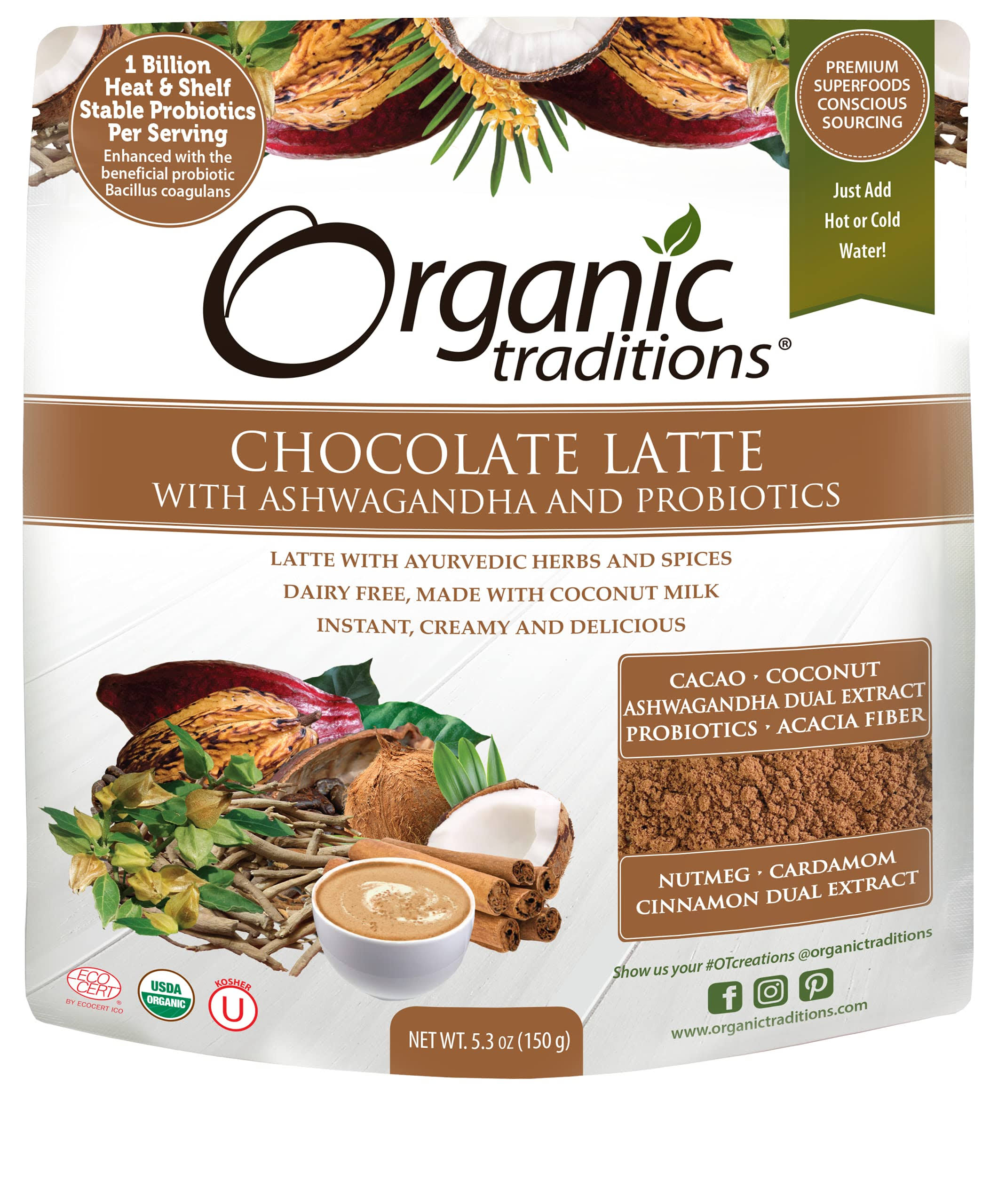Organic Chocolate Latte with Ashwagandha & Probiotics - 5.3 OZ.