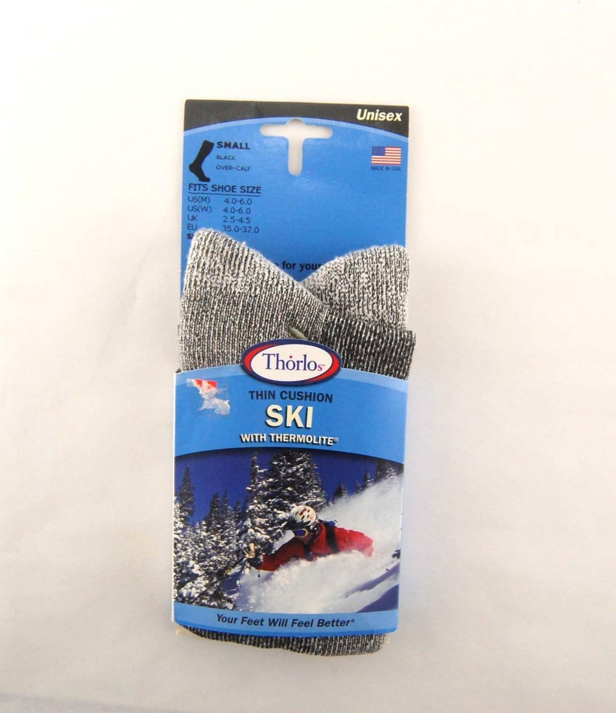 New Thorlos Ski Thin Cushion Thermolite Black Over-Calf Socks Small