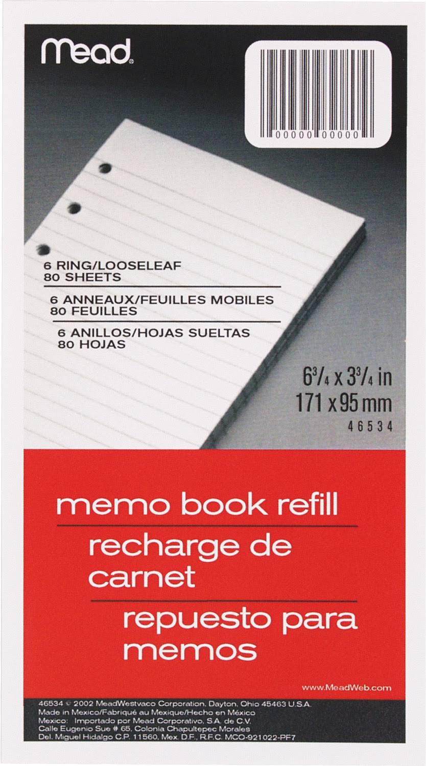 Mead Memo Book Refill - 6 Ring, 3 3/4in x 6 3/4in, 80ct