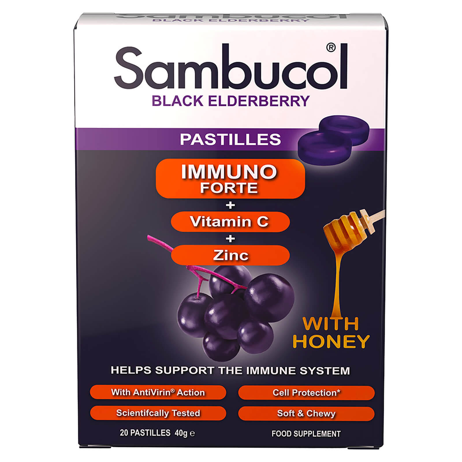 Sambucol Immuno Forte Pastilles - Black Elderberry/Honey, 40g, 20ct