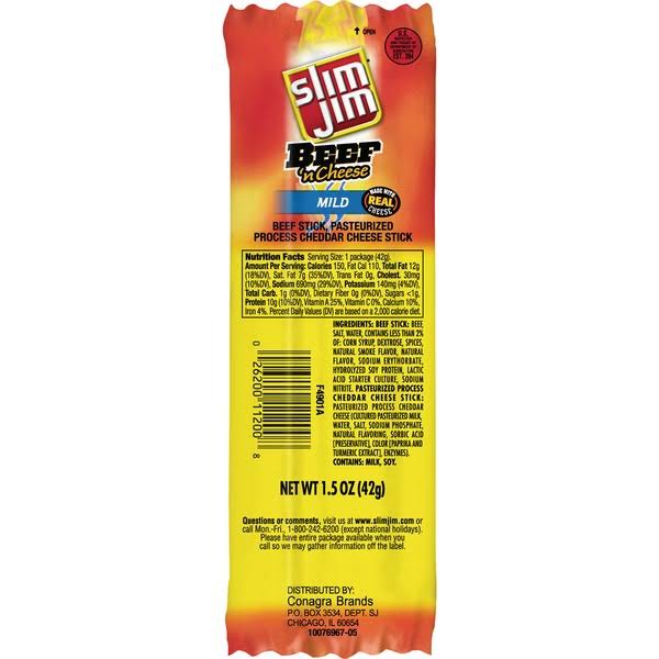 Slim Jim Mild Beef N Cheese Food Stick - 1.5oz