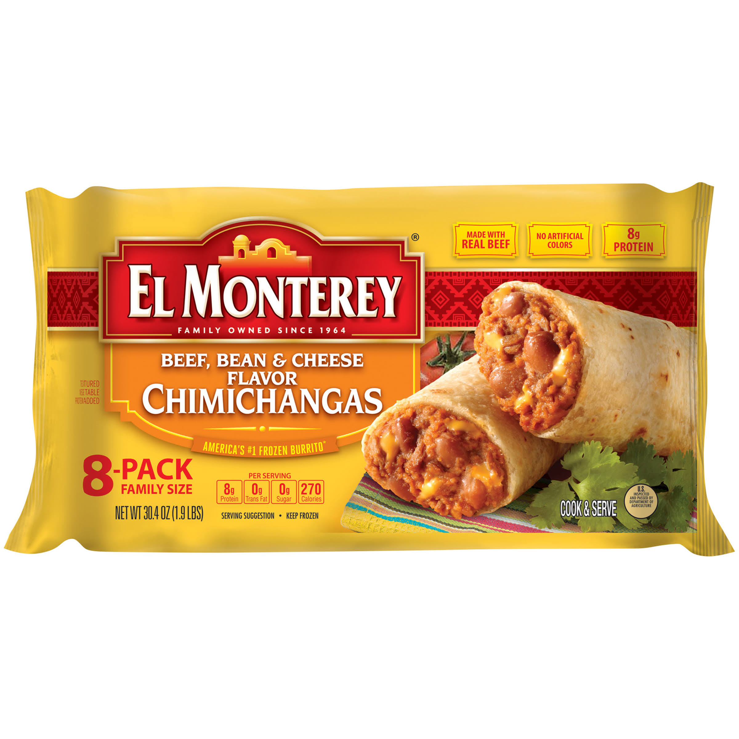 El Monterey Chimichangas Frozen Burrito - Beef, Bean and Cheese Flavor, Family Size, 8ct, 30.4oz