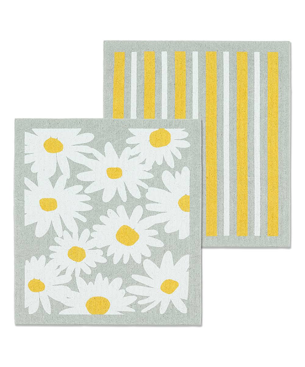 Abbott Collections AB-84-ASD-AB-51 6.5 x 8 in. Daisies & Stripes Dishcloths Grey & White - Set of 2