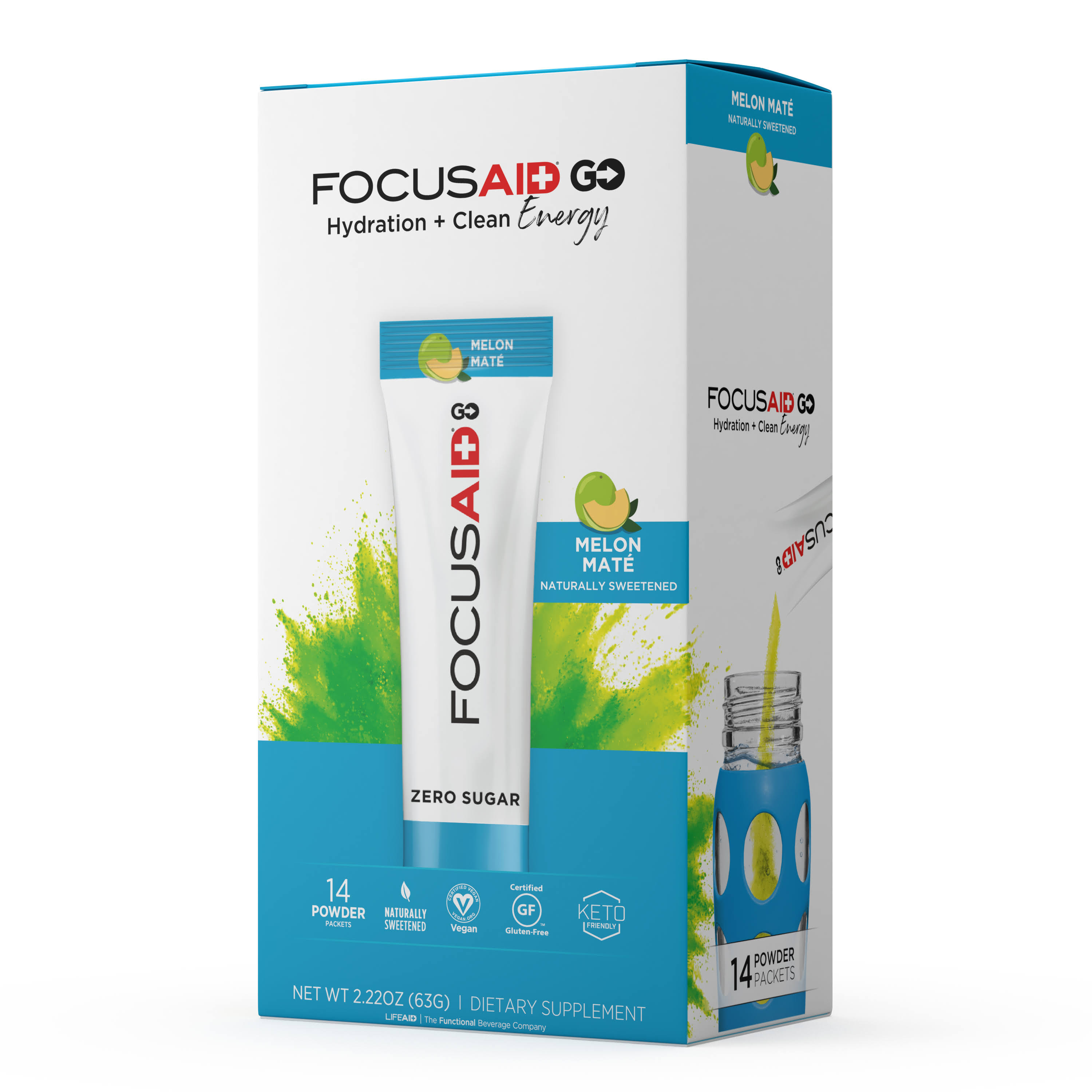 Focusaid Go Hydration + Clean Energy, Zero Sugar, Melon Mate, Powder Packets - 14 powder packets, 2.22 oz