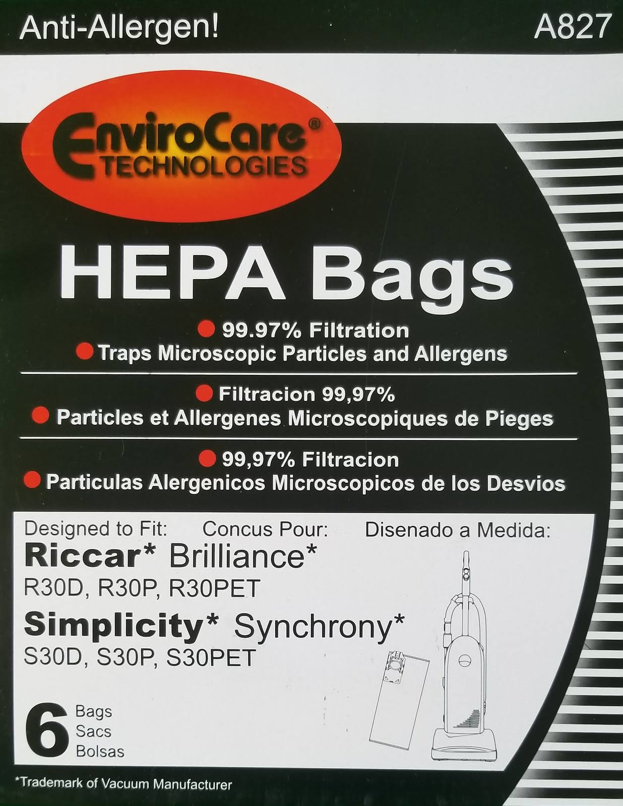 Envirocare Hepa Vacuum Bags for Riccar Brilliance R30D, R30P, & R30PET Uprights