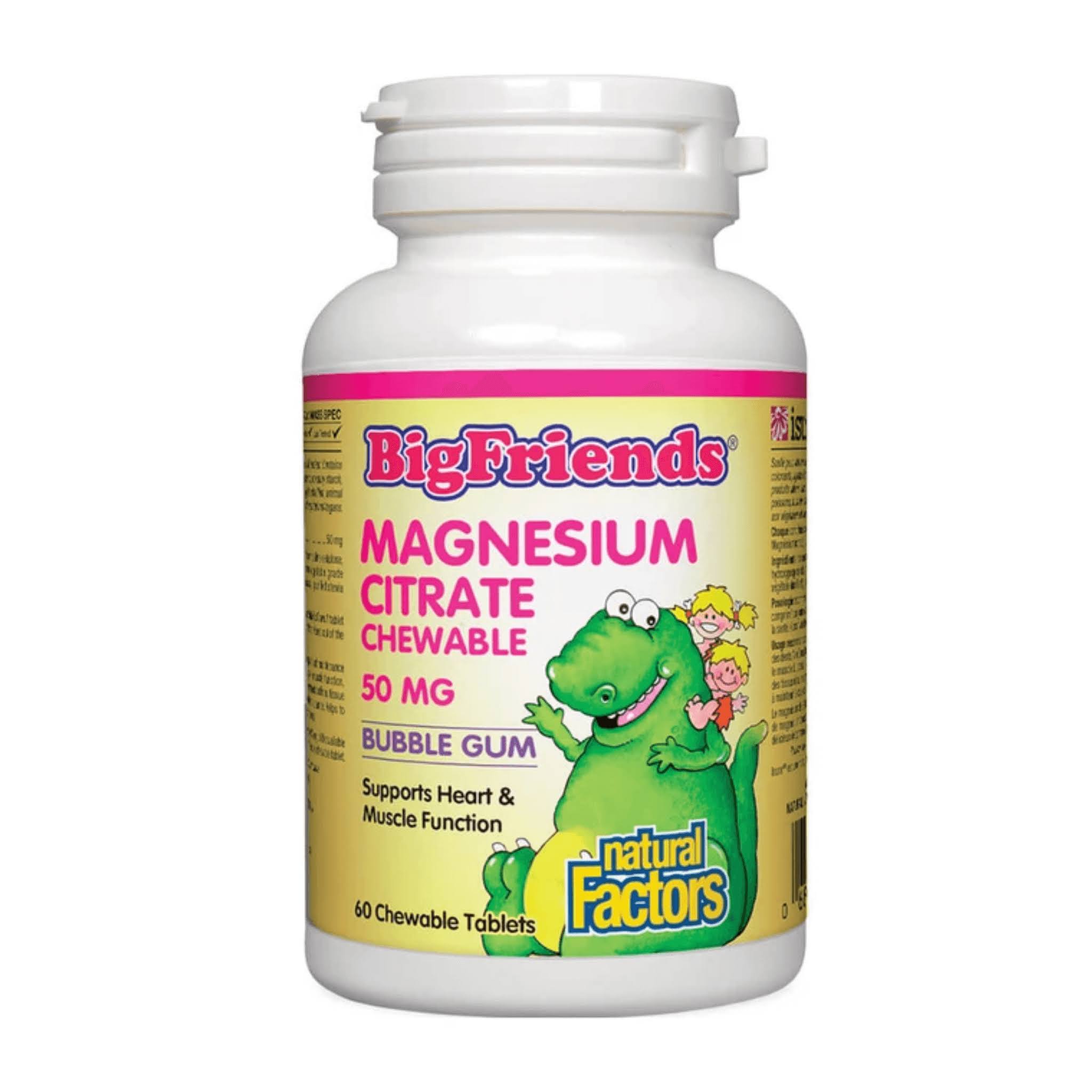 Natural Factors Big Friends Magnesium citrate Bubble Gum Flavor 50 MG 60 Chewable Tablets