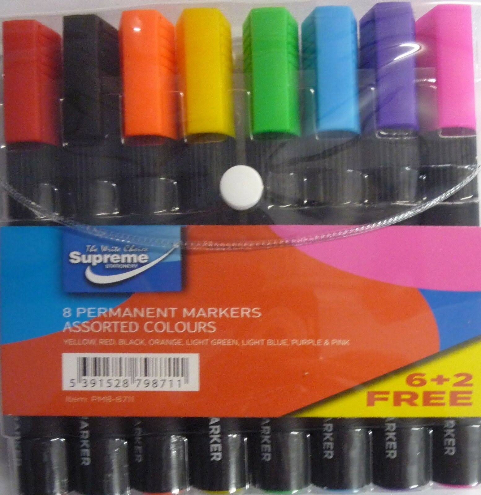Pack of 8 Large Permanent Coloured Marker Pens (8 Coloured Pens)