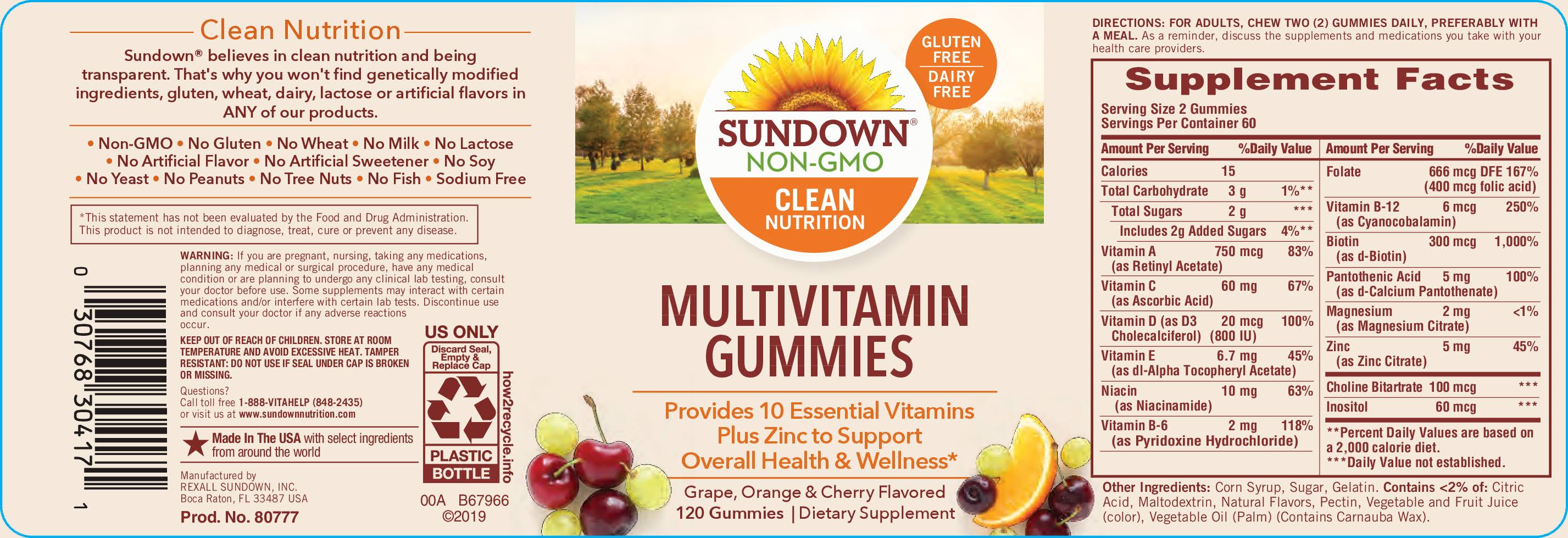 Sundown Naturals Multivitamin Formula Adult Gummy - Orange Cherry And Grape, 120 Gummies