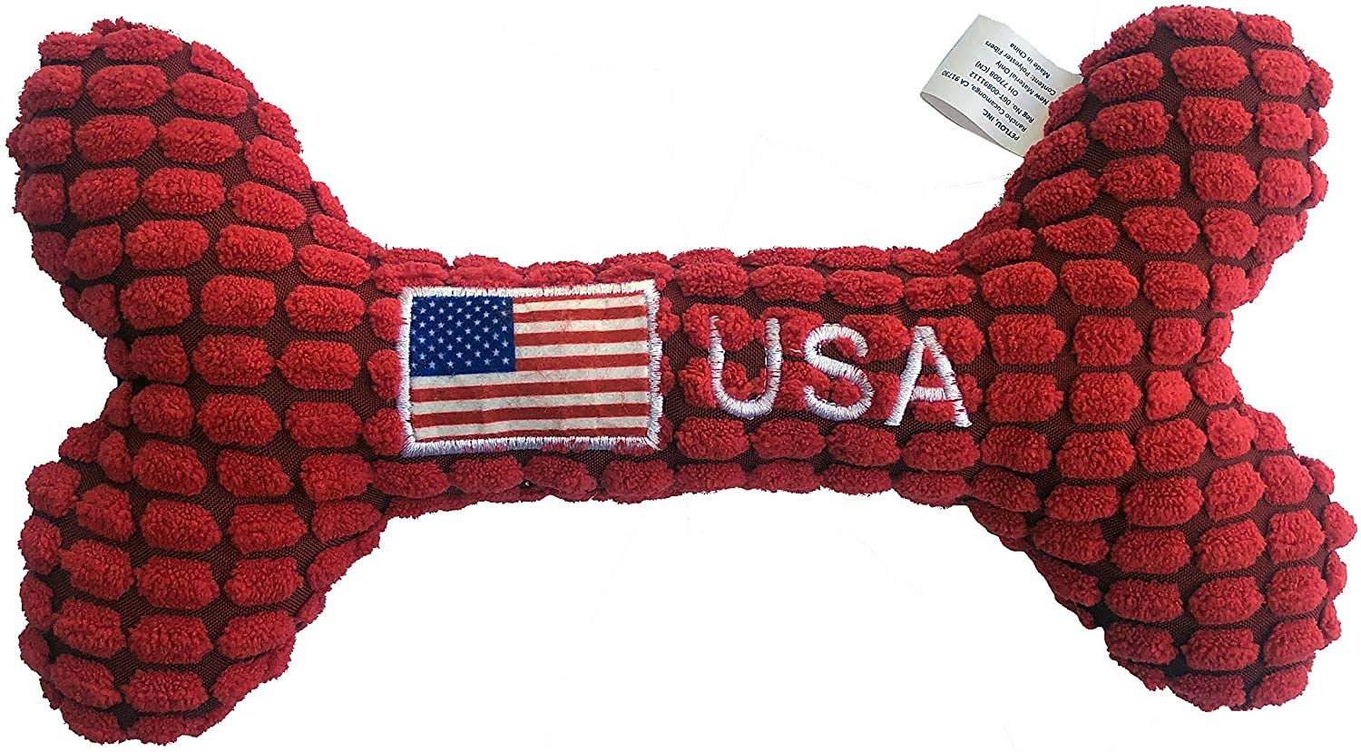 Petlou Pet Plush Chewy Bone, Squeaky Bone for Dogs and Cats in Different Size (10 inch USA Flag Bone)