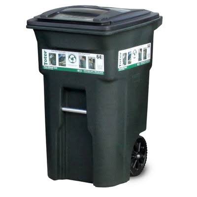 Toter Heavy Duty Trash Waste Can Bin - 64 Gallon, Green, with Rugged Wheels and Attached Lid