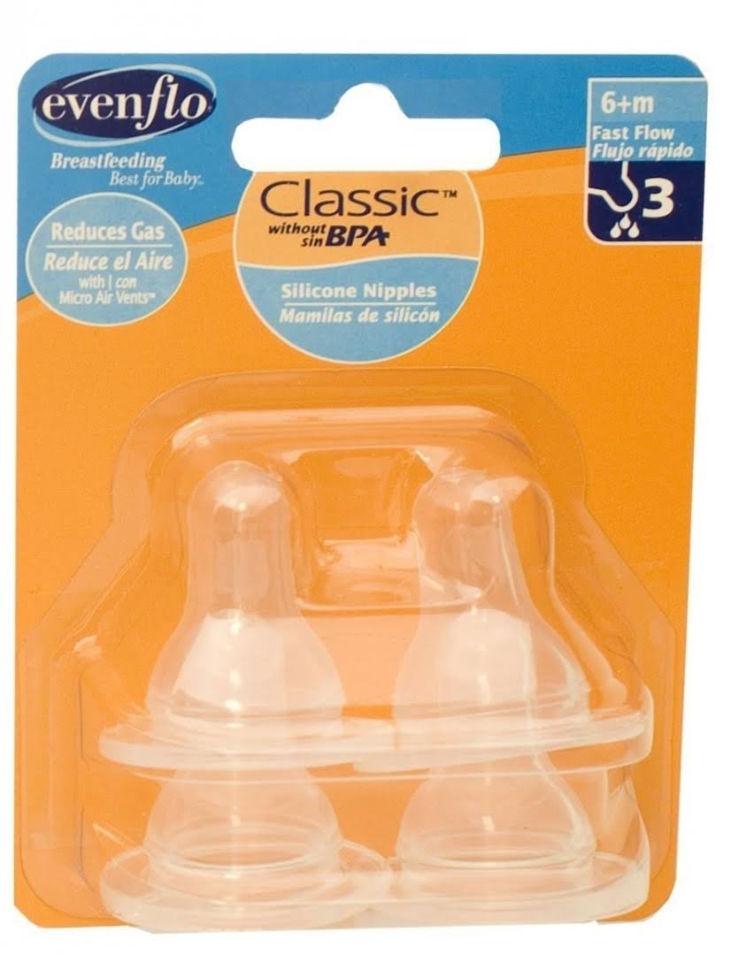 Evenflo Classic Silicone Nipples - Fast Flow 3, 6 Plus Months, x4