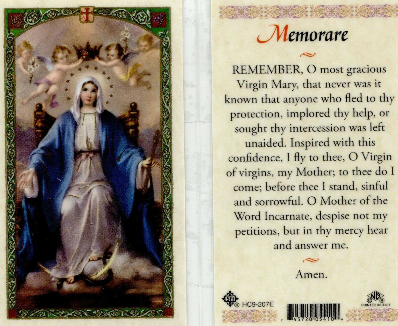 Holy Prayer Cards For The Prayer For Memorare Set Of 2 In English St. Francis Imports