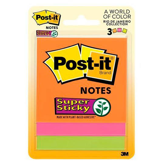 Post-it Super Sticky Notes - 3" x 3", Rio de Janeiro Collection, 3 Pads