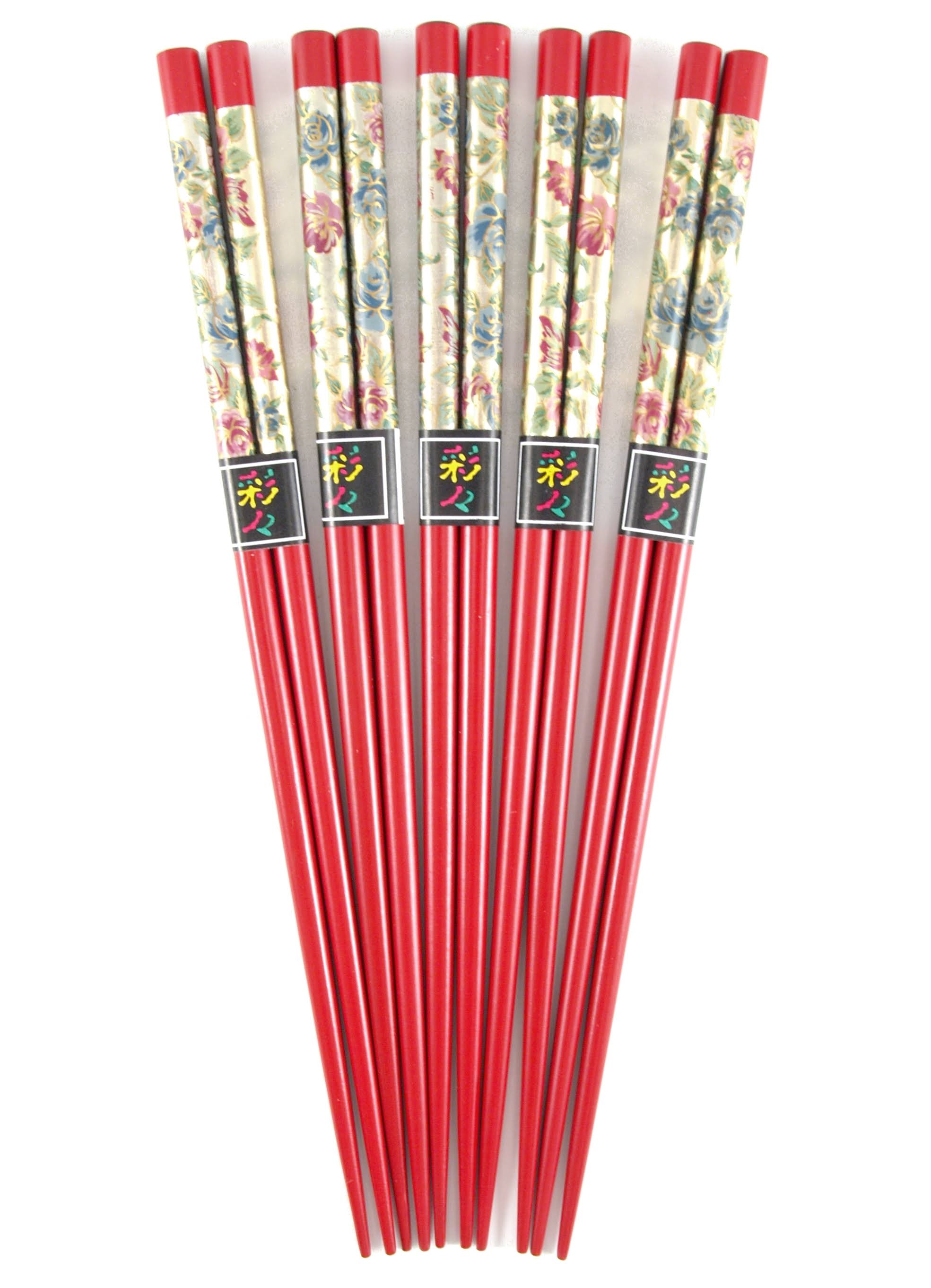 BigKitchen Gold Flowers Bamboo Design Wood Chopsticks Asian 5 Sets