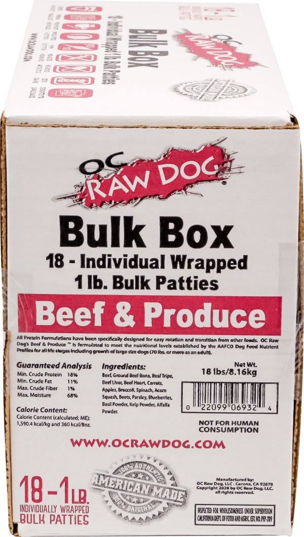 OC Raw Dog Frozen Beef & Produce Patties 18lb