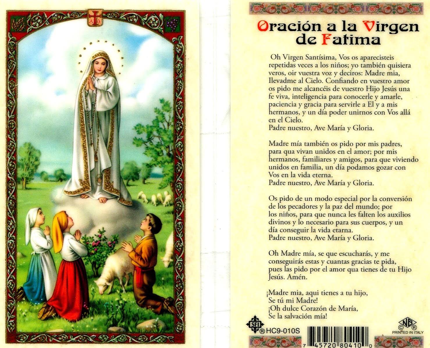 Spanish Oracion A La Virgen de Fatima Card - Item B010S - Laminated Prayer Card