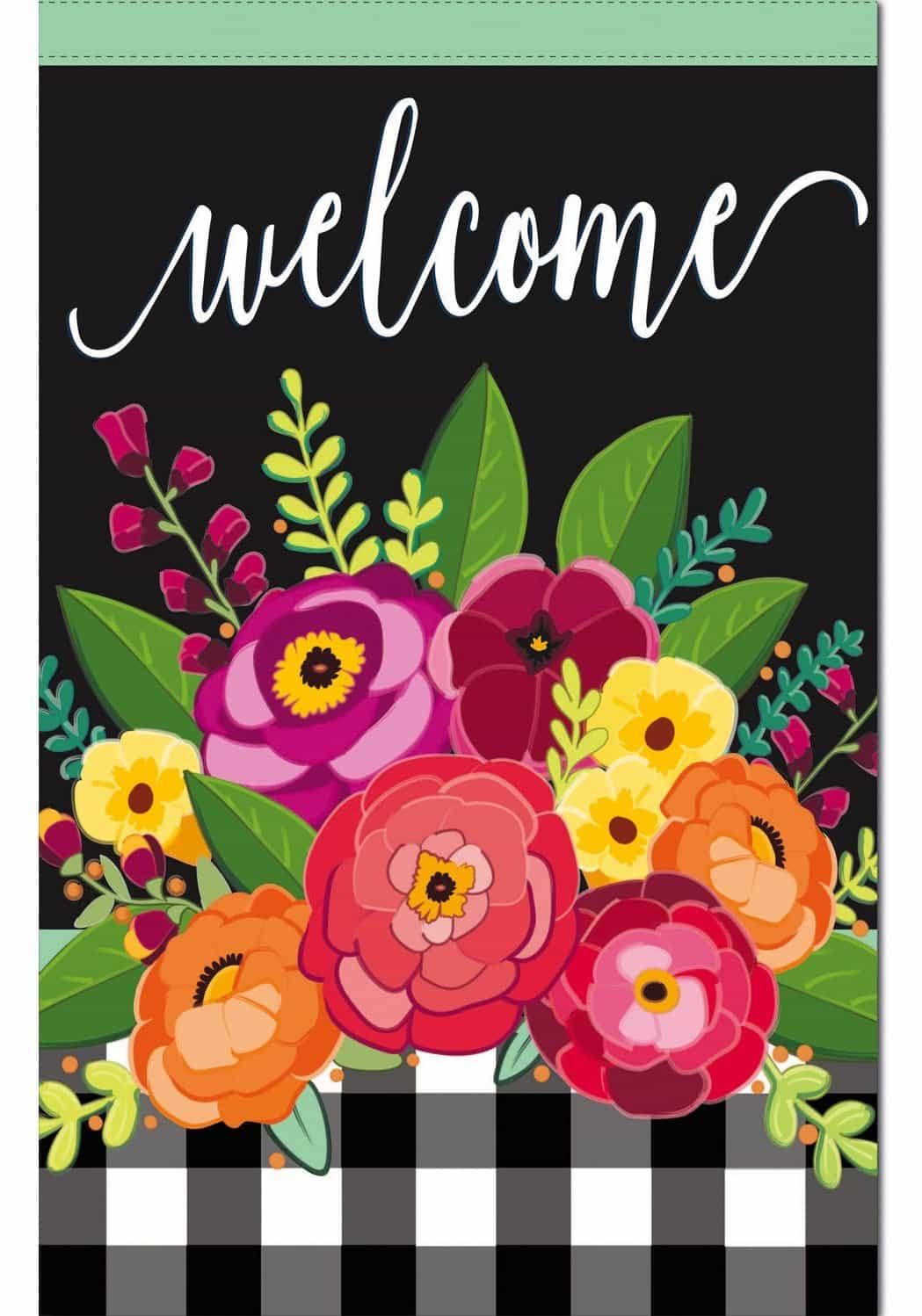 Floral Welcome Check Garden Flag 2 Sided