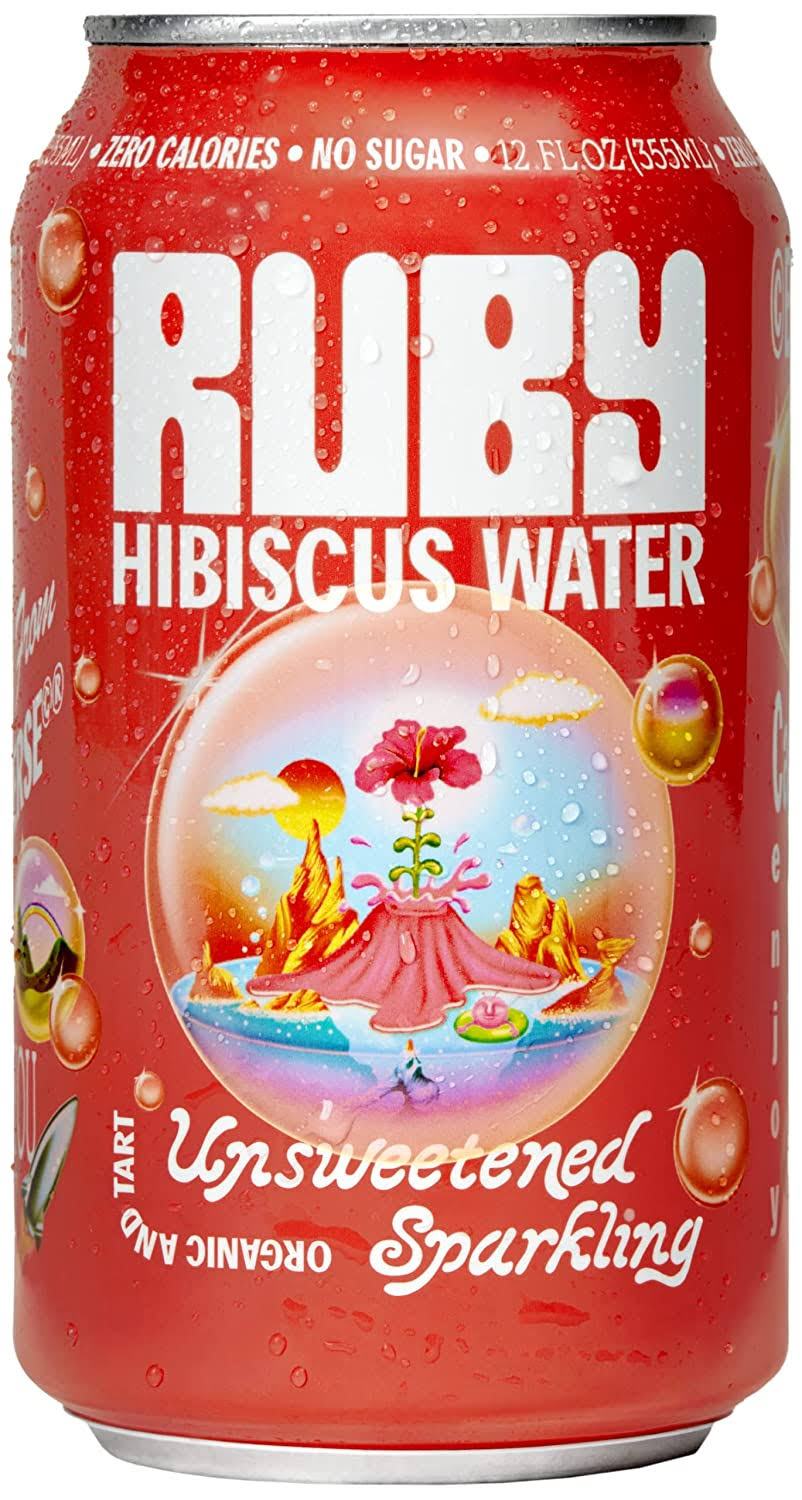 Ruby Hibiscus Organic Berry Cherry Sparkling Water - 12pk X 12oz Cans - Only 4 Ingredients & No Added Sugar - 1000+ Antioxidants, Non-GMO, Vegan,