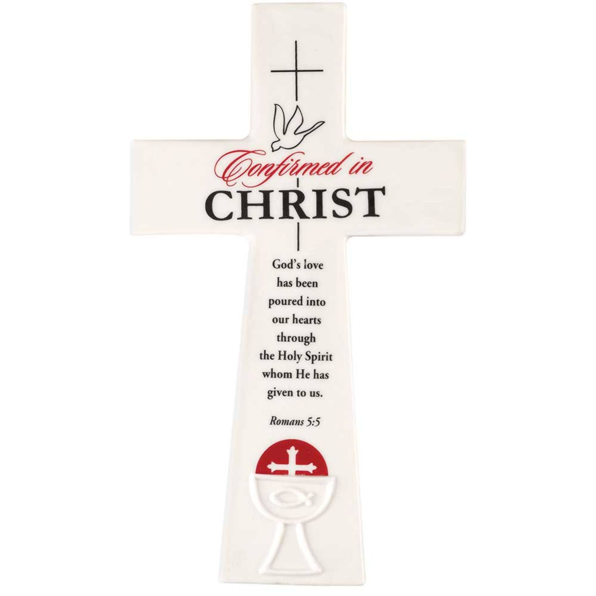 Red Confirmed in Christ Romans 5:5 White 9 inch Porcelain Wall Cross