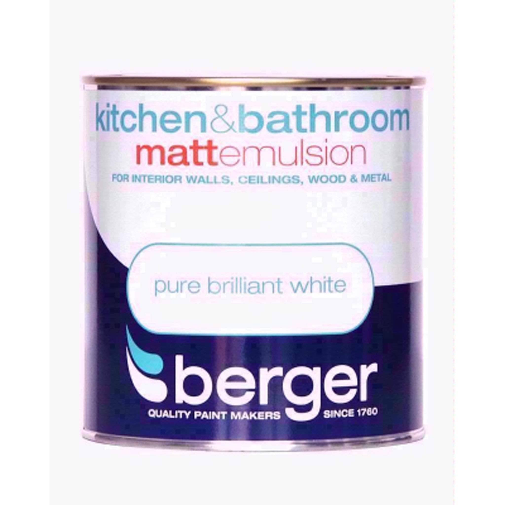 Berger Kitchen and Bathroom Matt Emulsion Paint - 1L, Pure Brilliant White