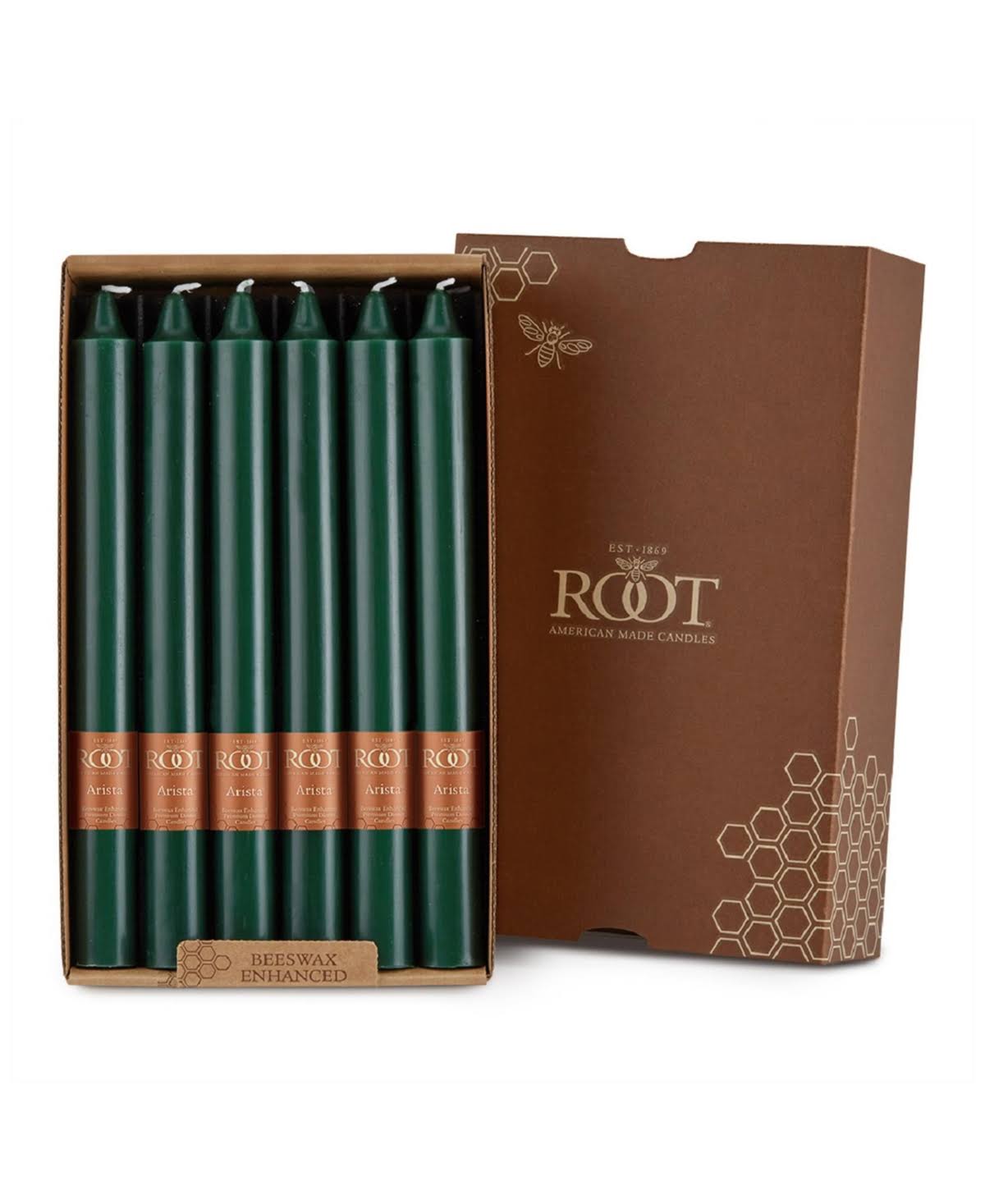 Root Smooth Arista 9" Unscented Candles, Dark Green, Box of 12