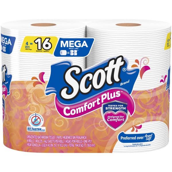 Scott Comfort Plus Bathroom Tissue, Unscented, Mega Roll, One-Ply - 4 rolls