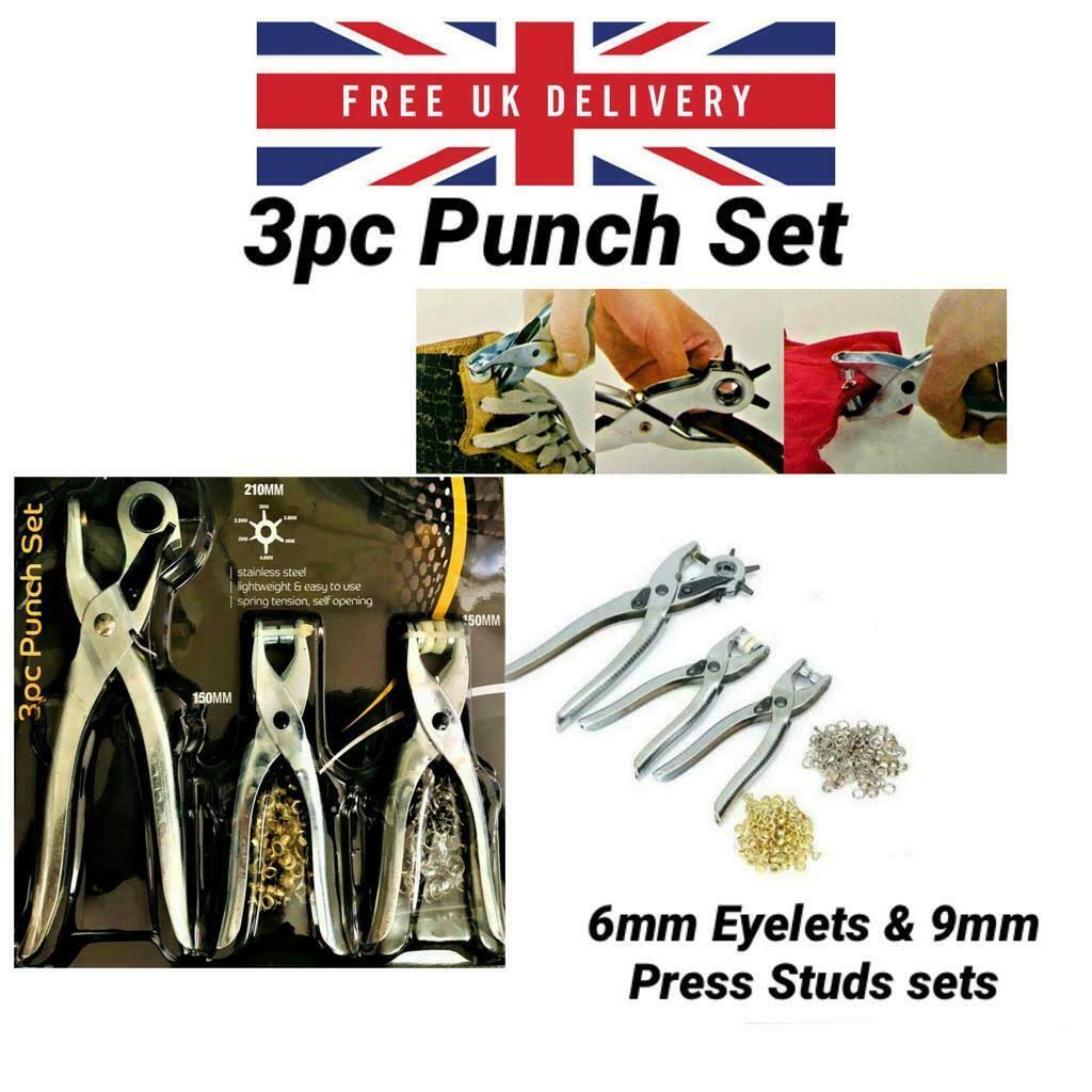 3pc Leather Belt Hole Punch Plier Heavy Duty & Eyelet Plier + Eyelets New