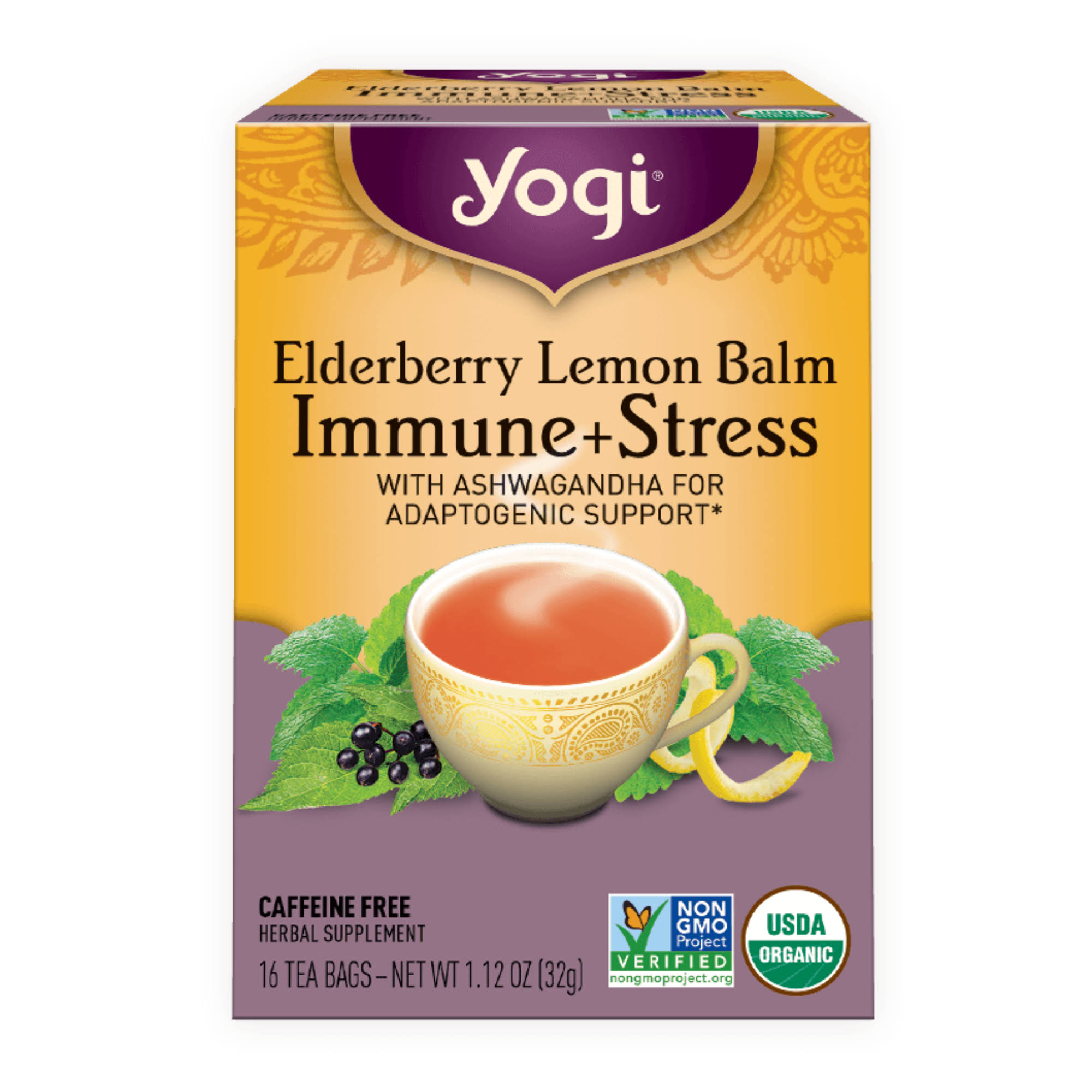 Yogi Tea Elderberry Lemon Balm Immune + Stress Caffeine Free 16 Tea Bags 1.12 oz (32 g)