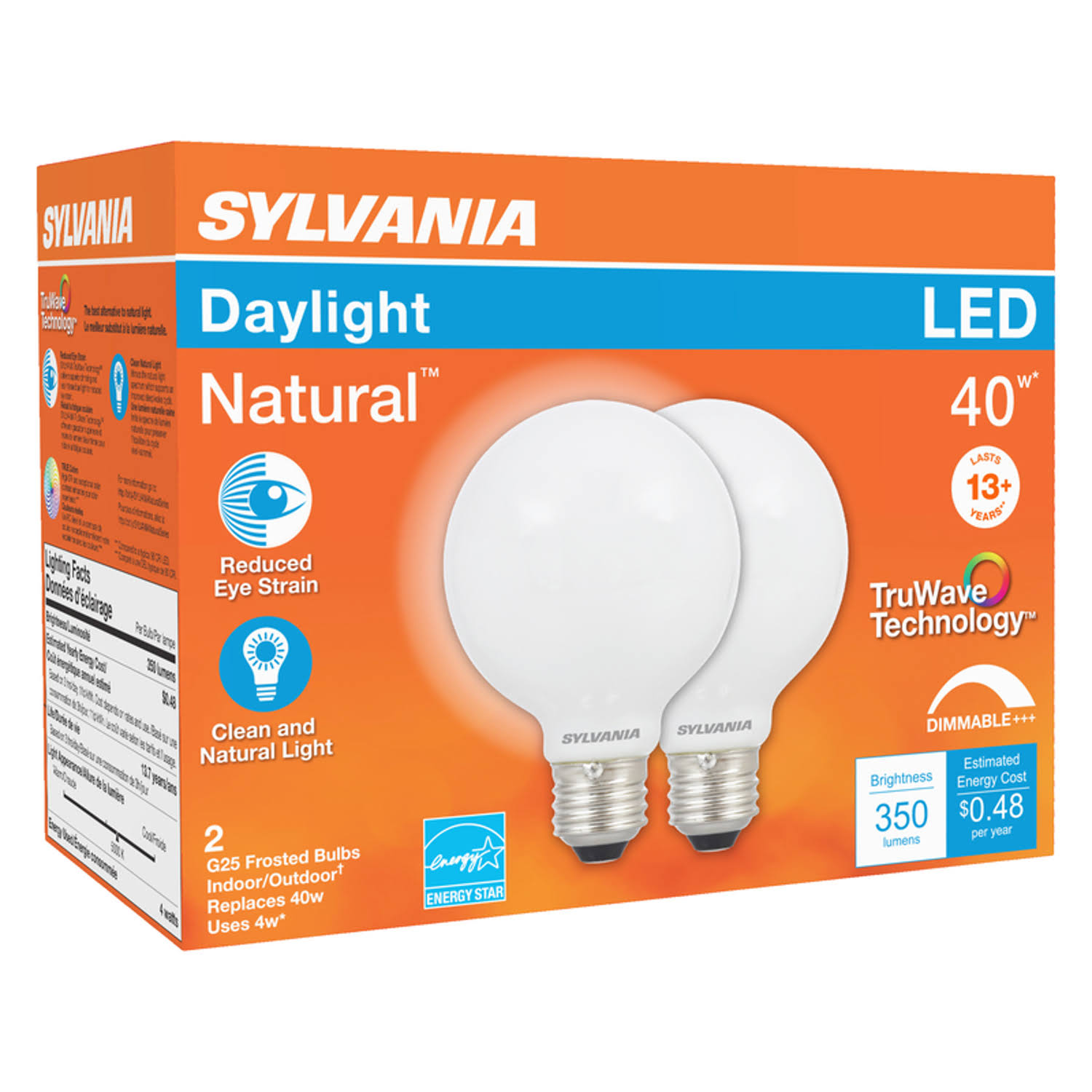 Sylvania 40766 G25 E26 (Medium) Daylight LED Bulb, 40 Watt, 2 Pk