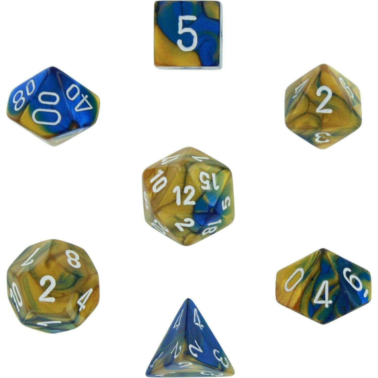 Chessex Gemini Poly 7 Set: Blue-Gold/white