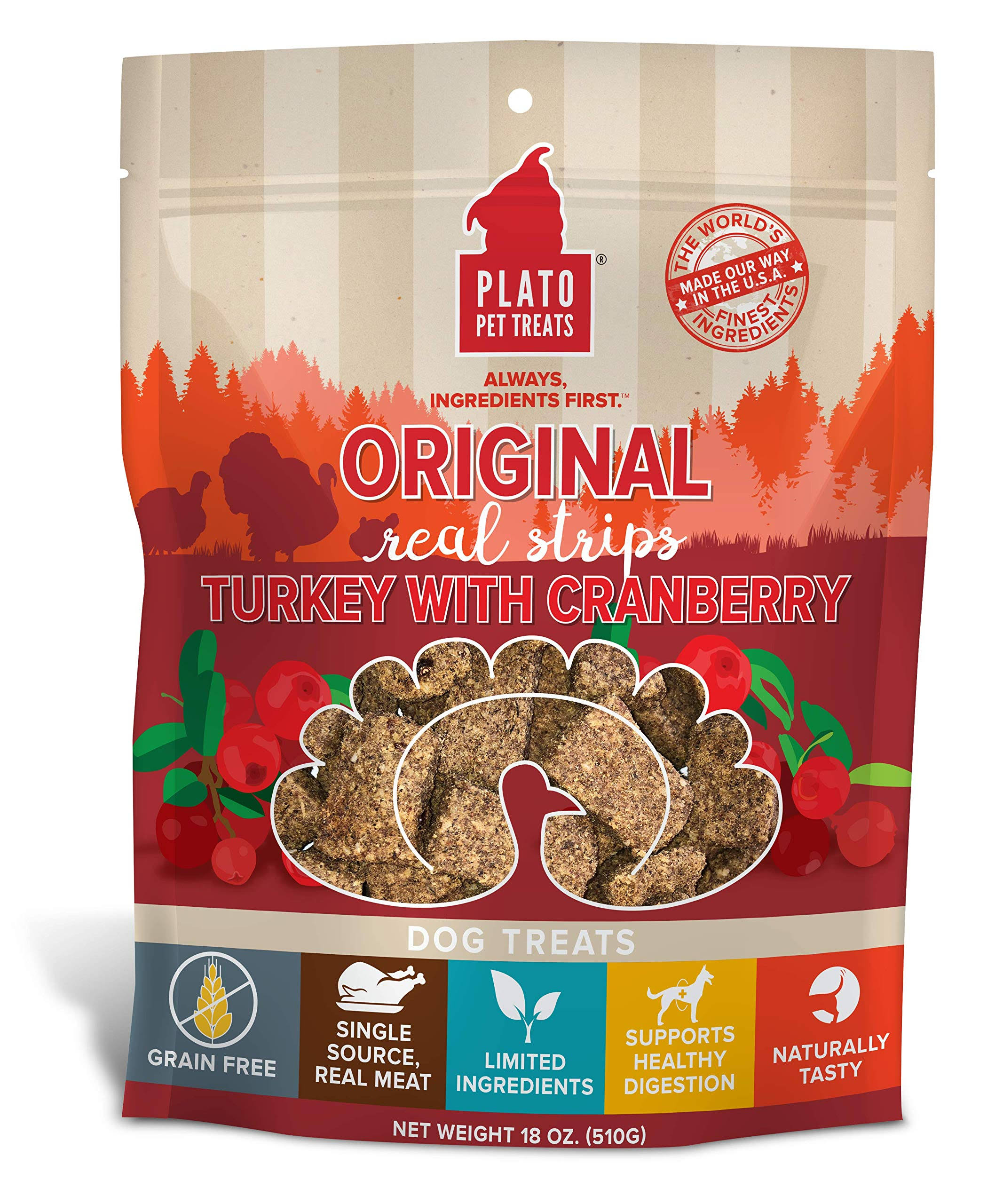 Plato Grain Free Real Strips Turkey with Cranberry Dog Treats - 18 oz