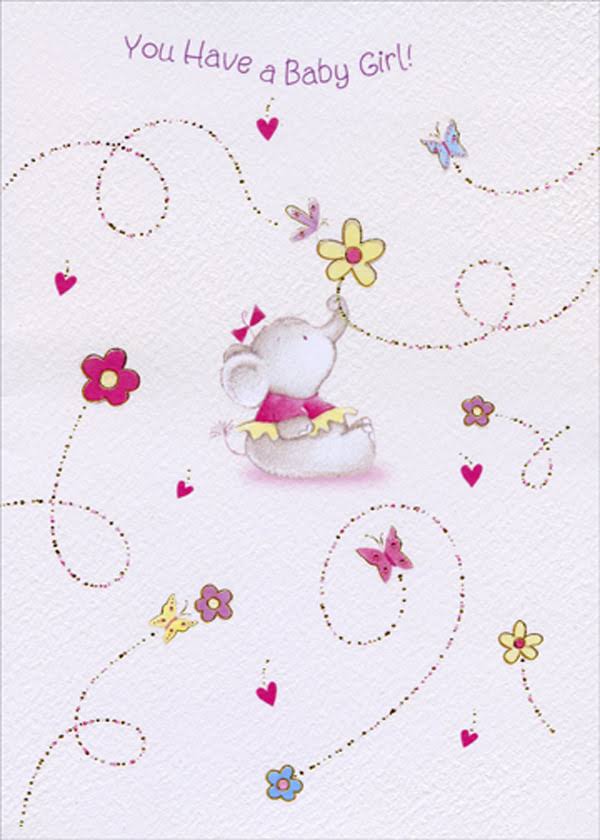 Designer Greetings Elephant with Pink Bow and Yellow Flower New Baby Girl Congratulations Card, Size: 5x7 Inches