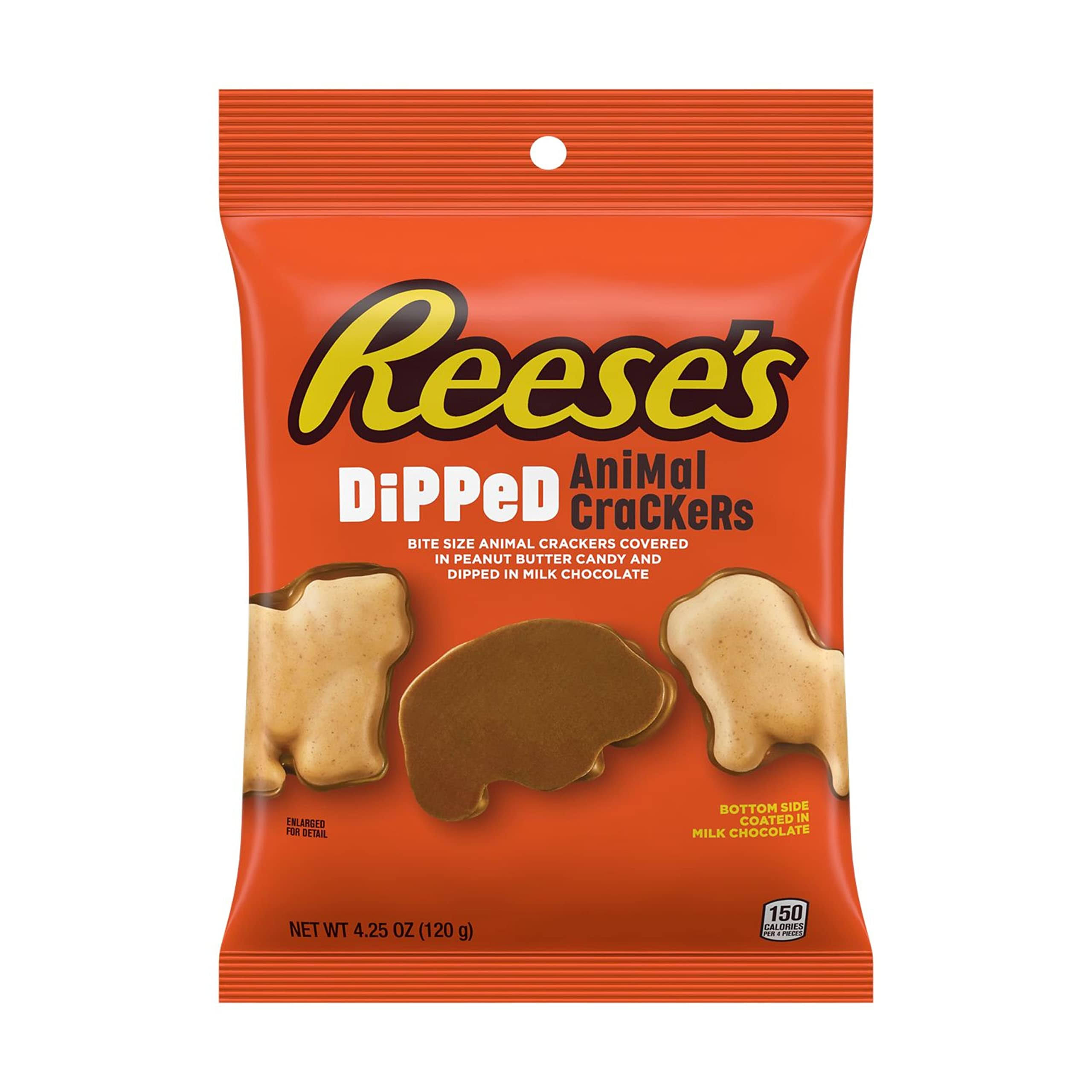 REESE'S Milk Chocolate and Peanut Butter Candy Dipped Animal Crackers, 4.25 oz Bag