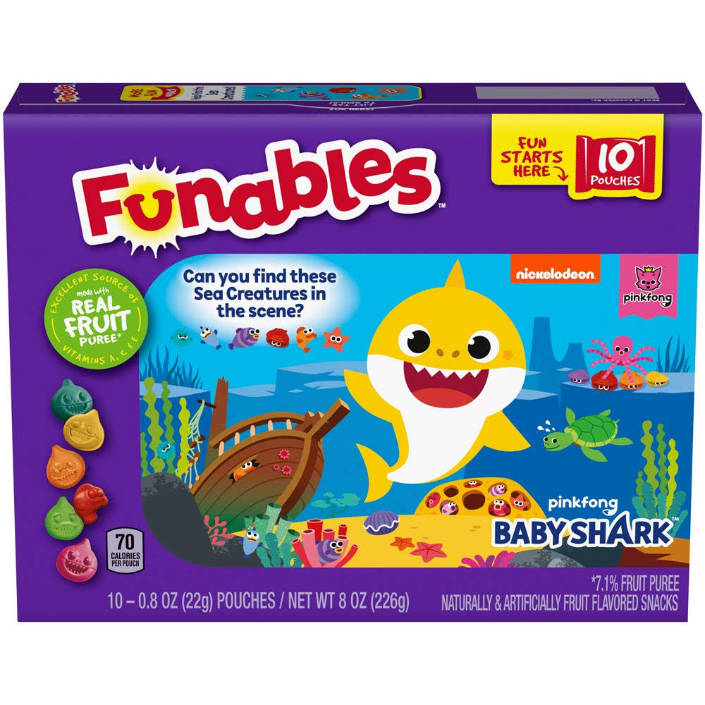 Funables Fruit Flavored Snacks, Assorted, Baby Shark - 10 pack, 0.8 oz pouches