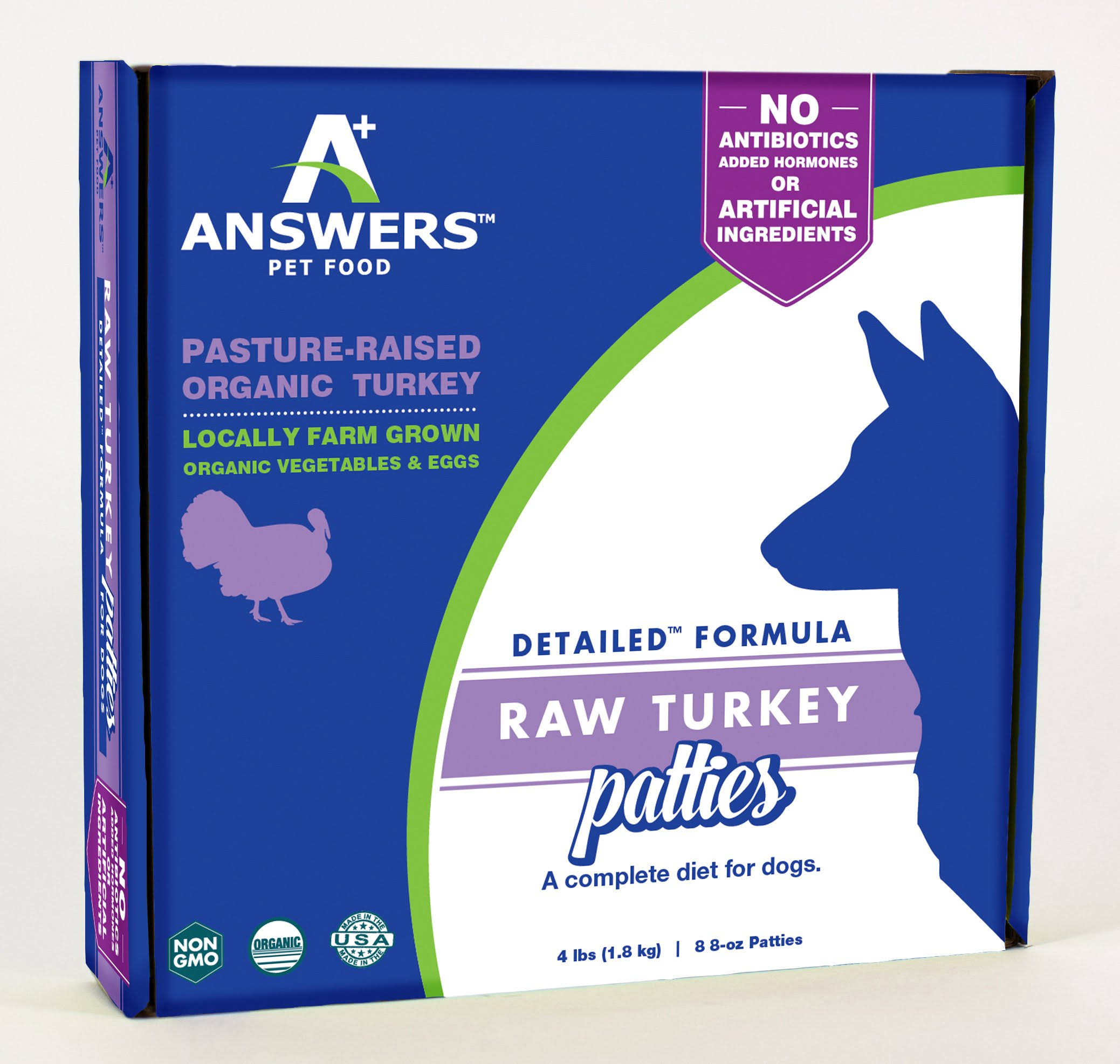 Answers Pet Food Raw Turkey Detailed Formula for Dogs 4lb Patties