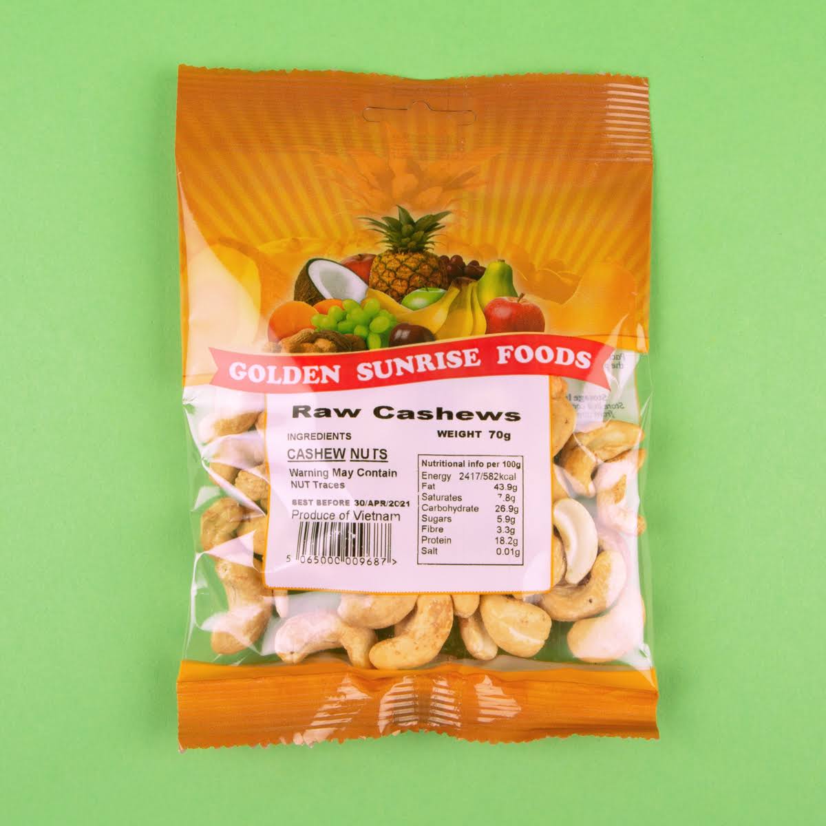 Golden Sunrise Raw Cashew Nuts 70g