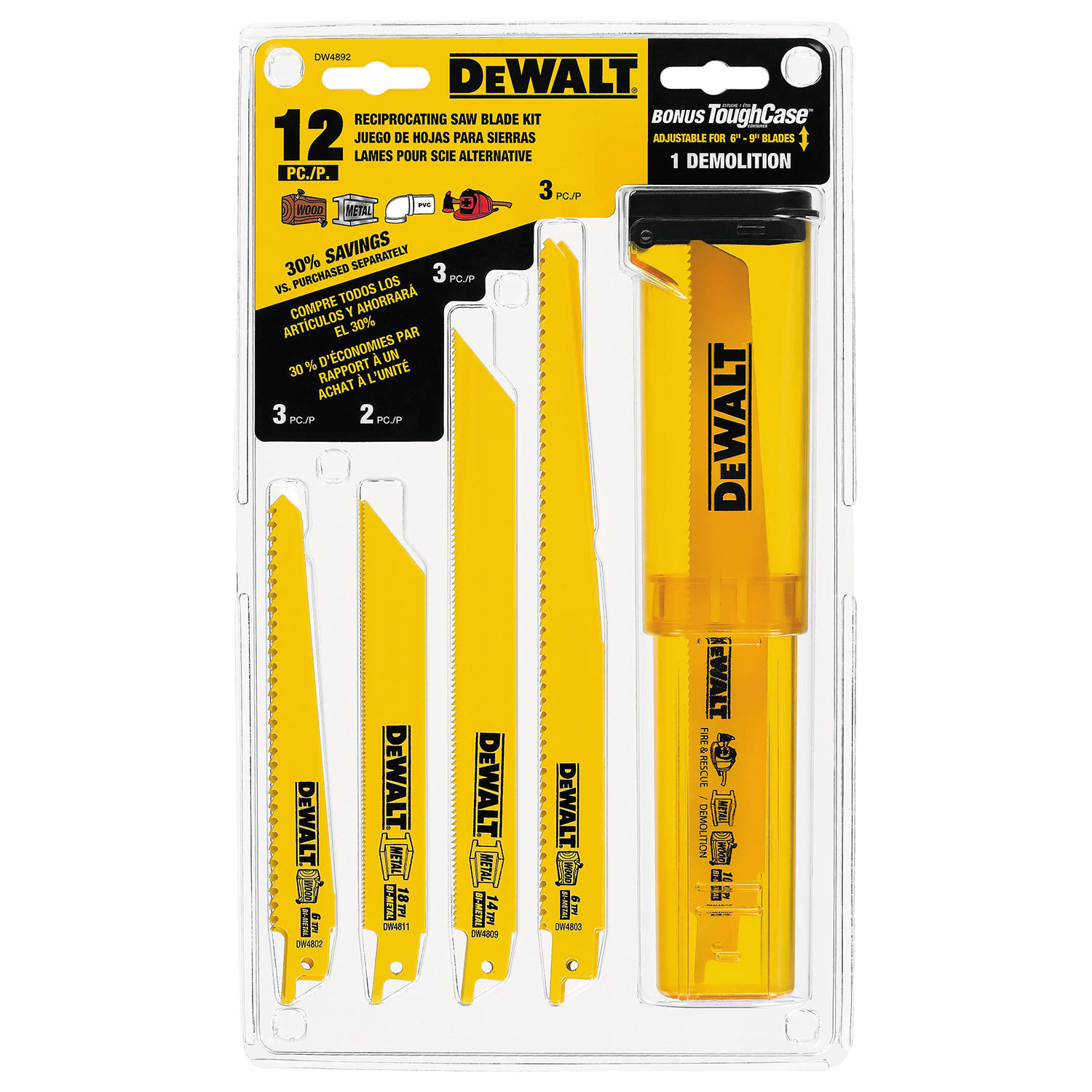 Dewalt DW4892 Reciprocating Saw Blade Set - with Case, 12pcs