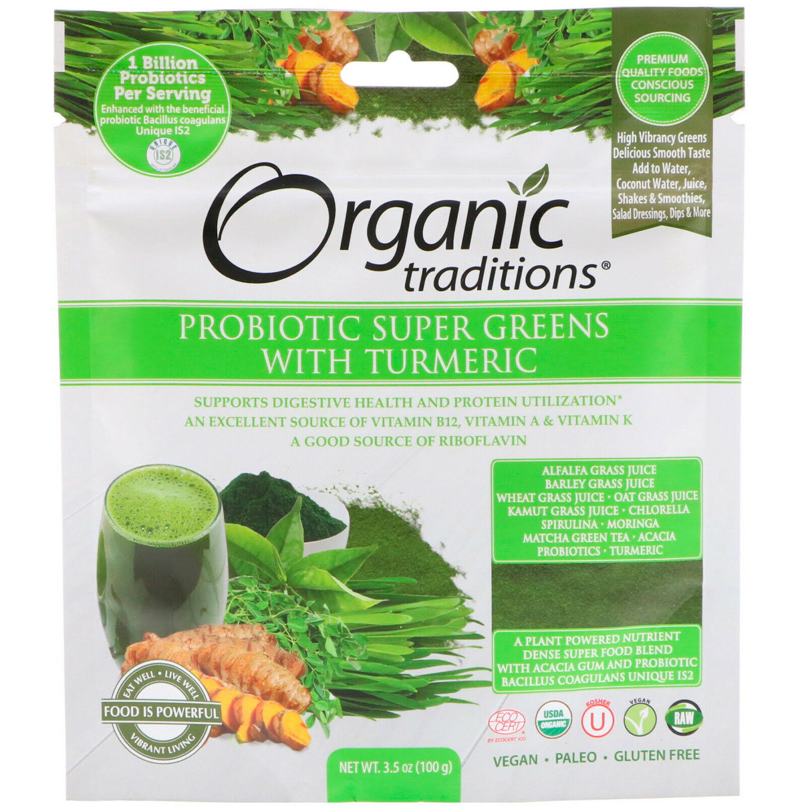 Organic Traditions Probiotic Super Greens with Turmeric - 3.5oz