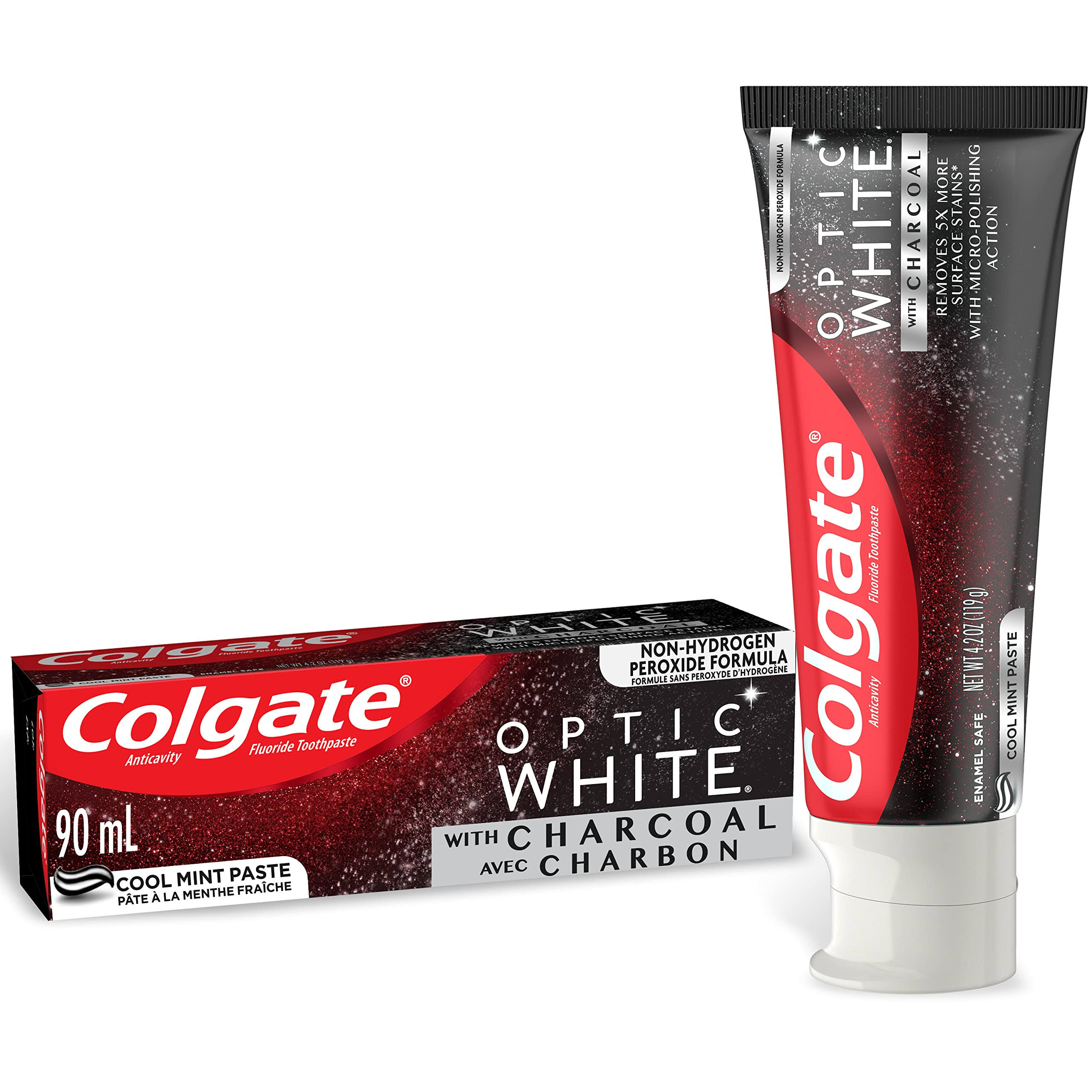 Colgate Optic White with Charcoal Toothpaste, Cool Mint Paste, 90 mL