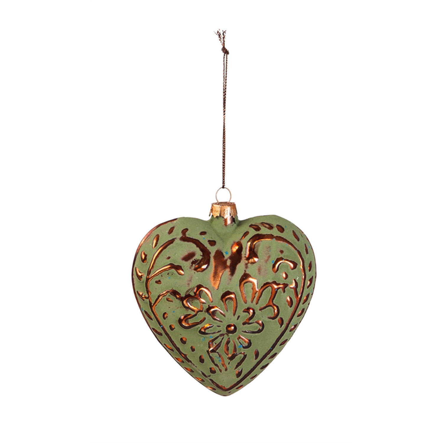 Antique Green and Copper Glass Heart Christmas Ornament