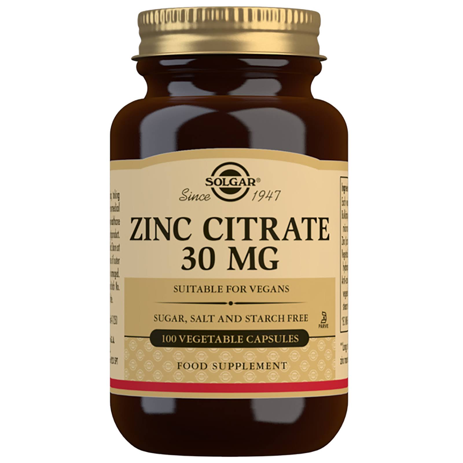Solgar Zinc Citrate 30mg Skin & Immune System Support - 100 Capsules