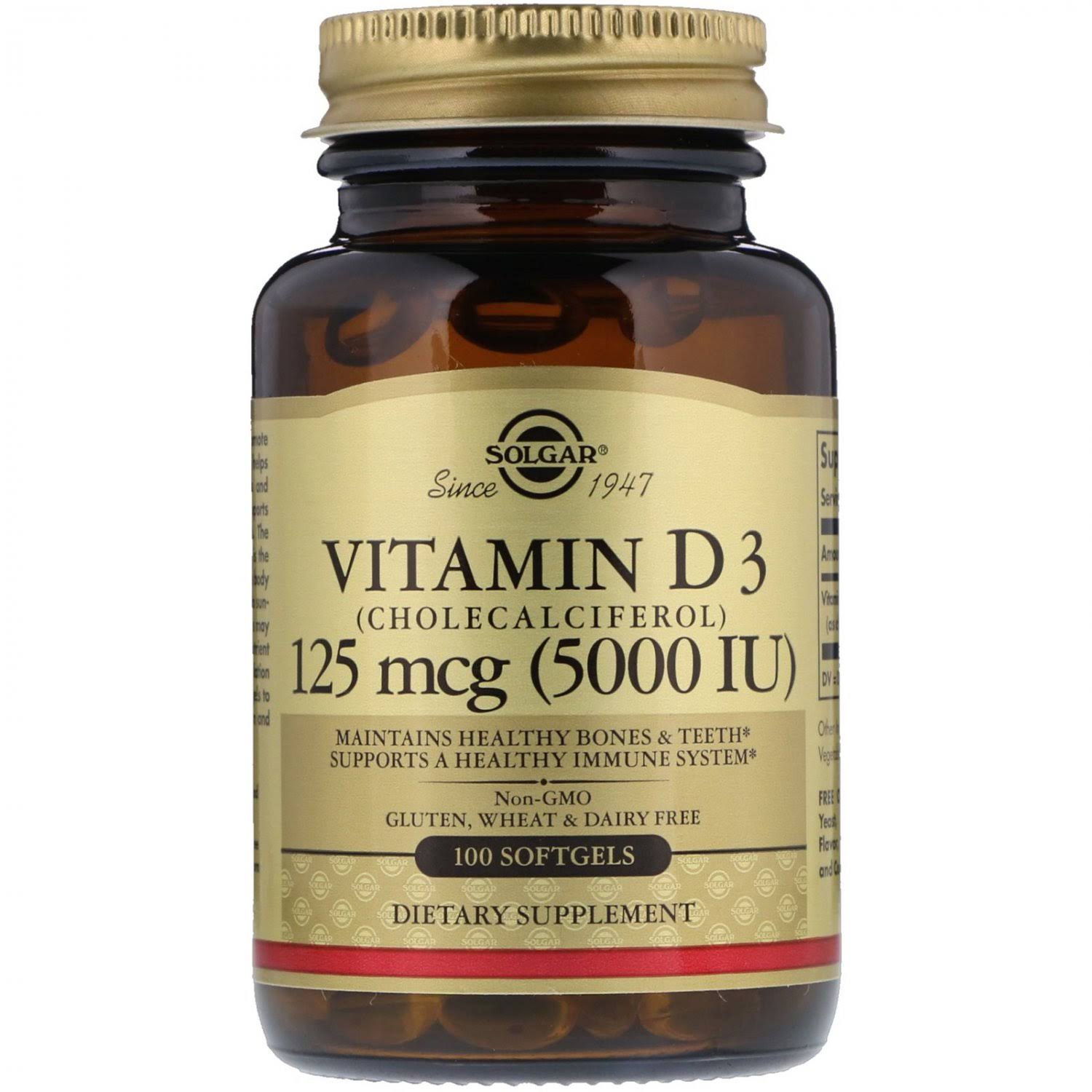 Solgar Vitamin D3 Cholecalciferol 5000 IU Dietary Supplement - 100 Softgels