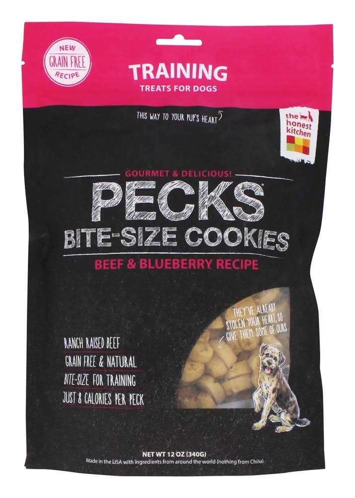 The Honest Kitchen Pecks BiteSize Cookies Grain Free Training Treats for Dogs Beef & Blueberry Recipe 12 oz.